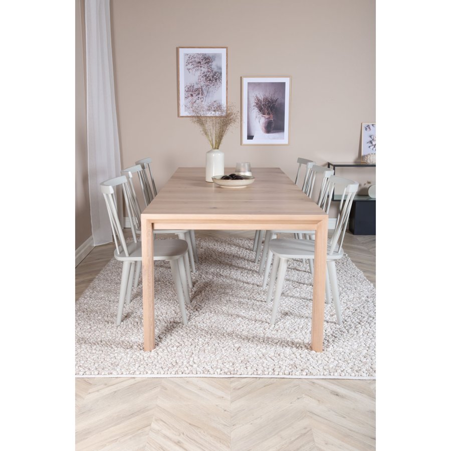 VENTURE DESIGN Slider spisebordsst, m. 6 stole - hvidvasket egefiner/eg og gr gummitr