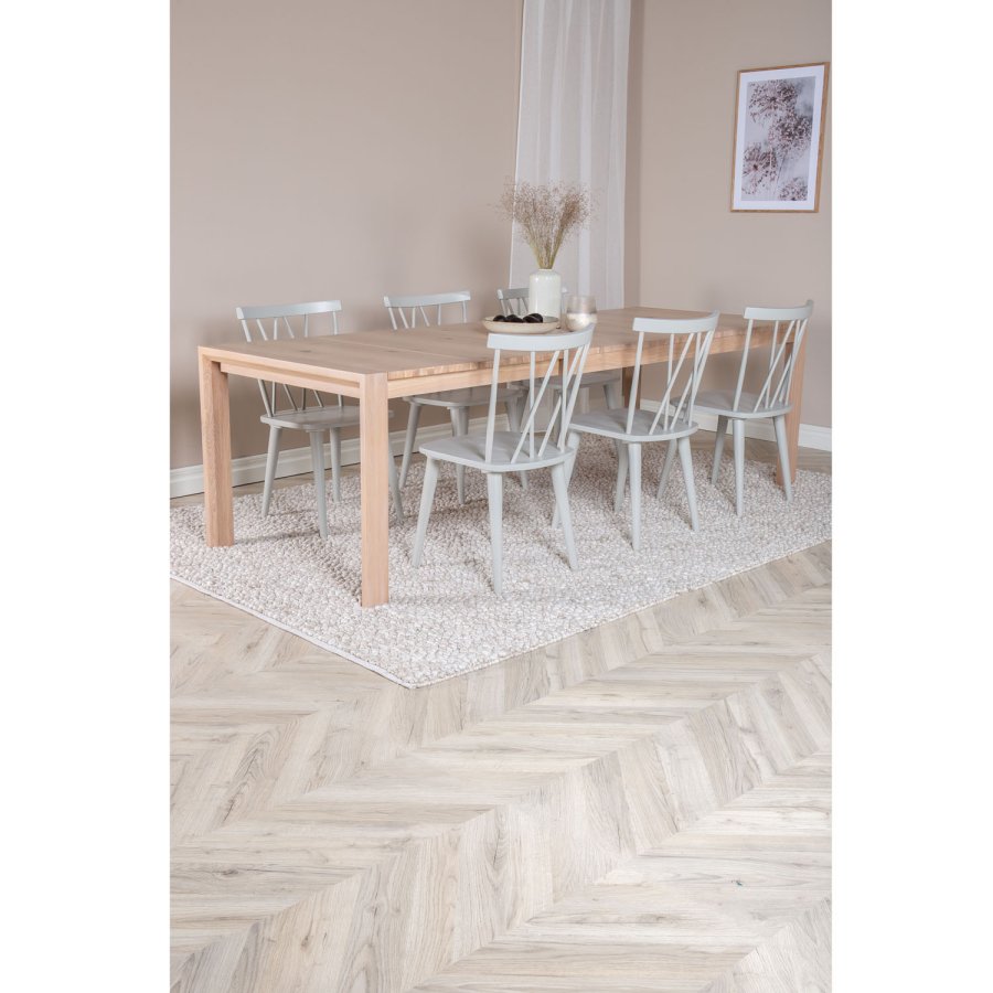VENTURE DESIGN Slider spisebordsst, m. 6 stole - hvidvasket egefiner/eg og gr gummitr
