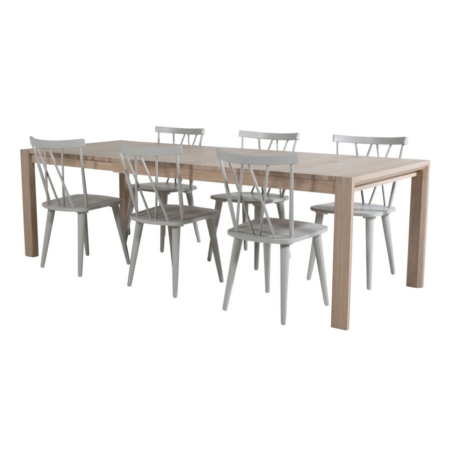VENTURE DESIGN Slider spisebordsst, m. 6 stole - hvidvasket egefiner/eg og gr gummitr