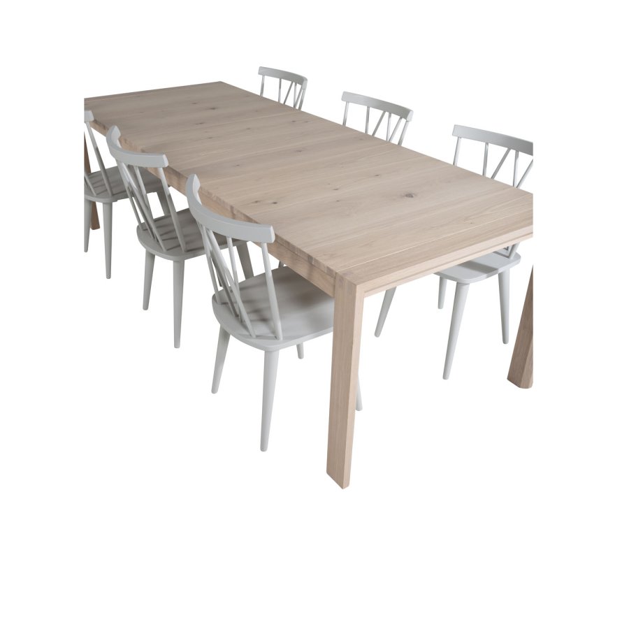 VENTURE DESIGN Slider spisebordsst, m. 6 stole - hvidvasket egefiner/eg og gr gummitr