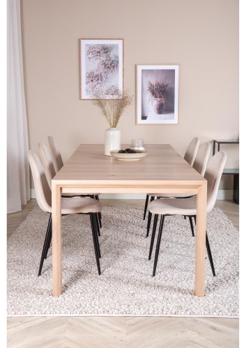 VENTURE DESIGN Slider spisebordsst, m. 6 stole - hvidvasket egefiner/eg og beige stof/sort metal