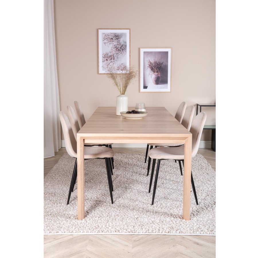 VENTURE DESIGN Slider spisebordsst, m. 6 stole - hvidvasket egefiner/eg og beige stof/sort metal