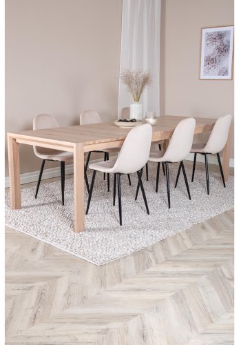 VENTURE DESIGN Slider spisebordsst, m. 6 stole - hvidvasket egefiner/eg og beige stof/sort metal