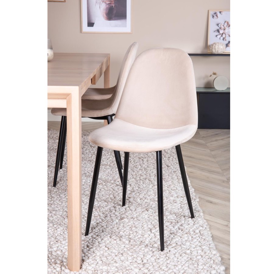 VENTURE DESIGN Slider spisebordsst, m. 6 stole - hvidvasket egefiner/eg og beige stof/sort metal