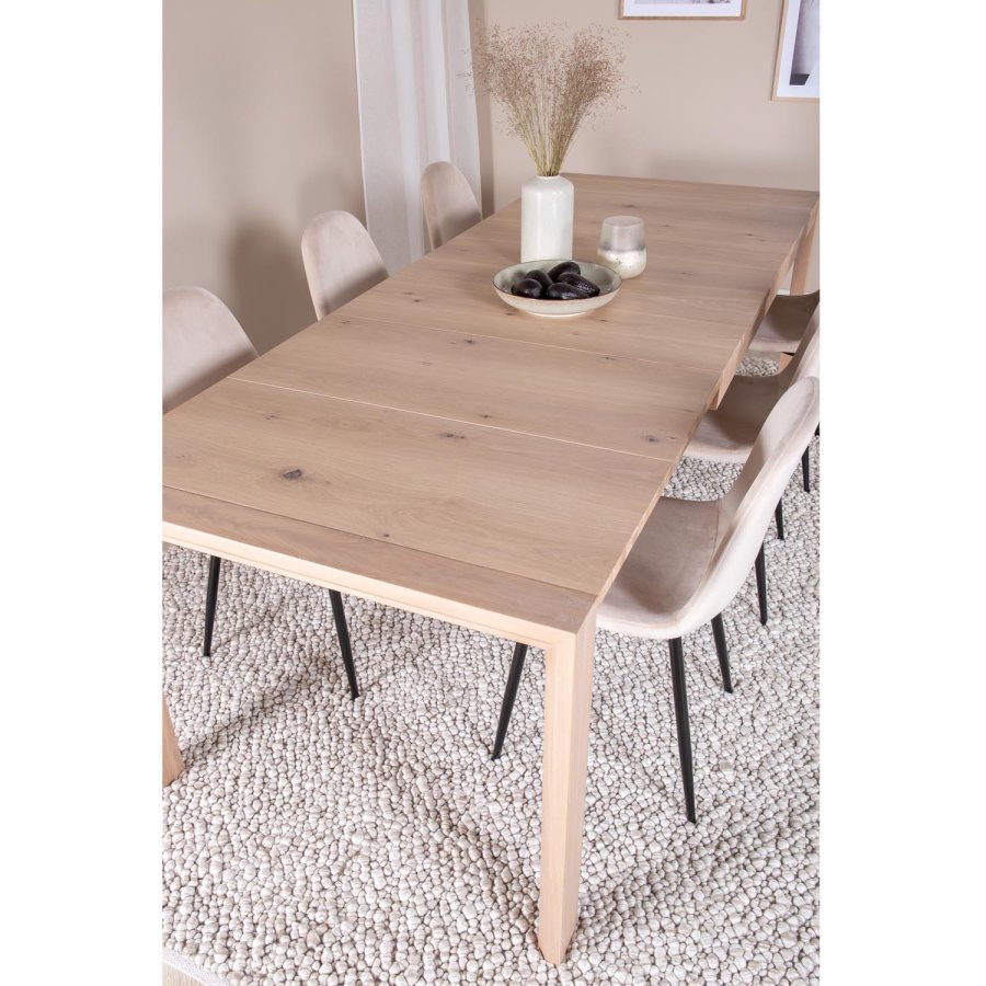 VENTURE DESIGN Slider spisebordsst, m. 6 stole - hvidvasket egefiner/eg og beige stof/sort metal