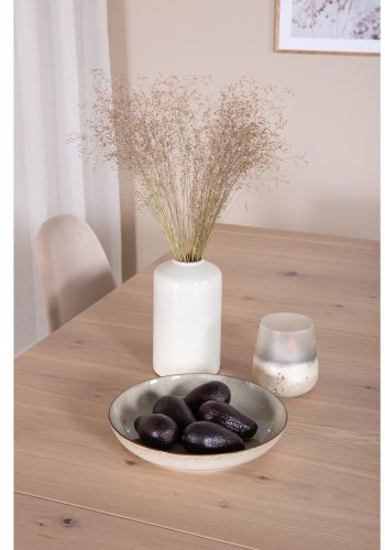 VENTURE DESIGN Slider spisebordsst, m. 6 stole - hvidvasket egefiner/eg og beige stof/sort metal