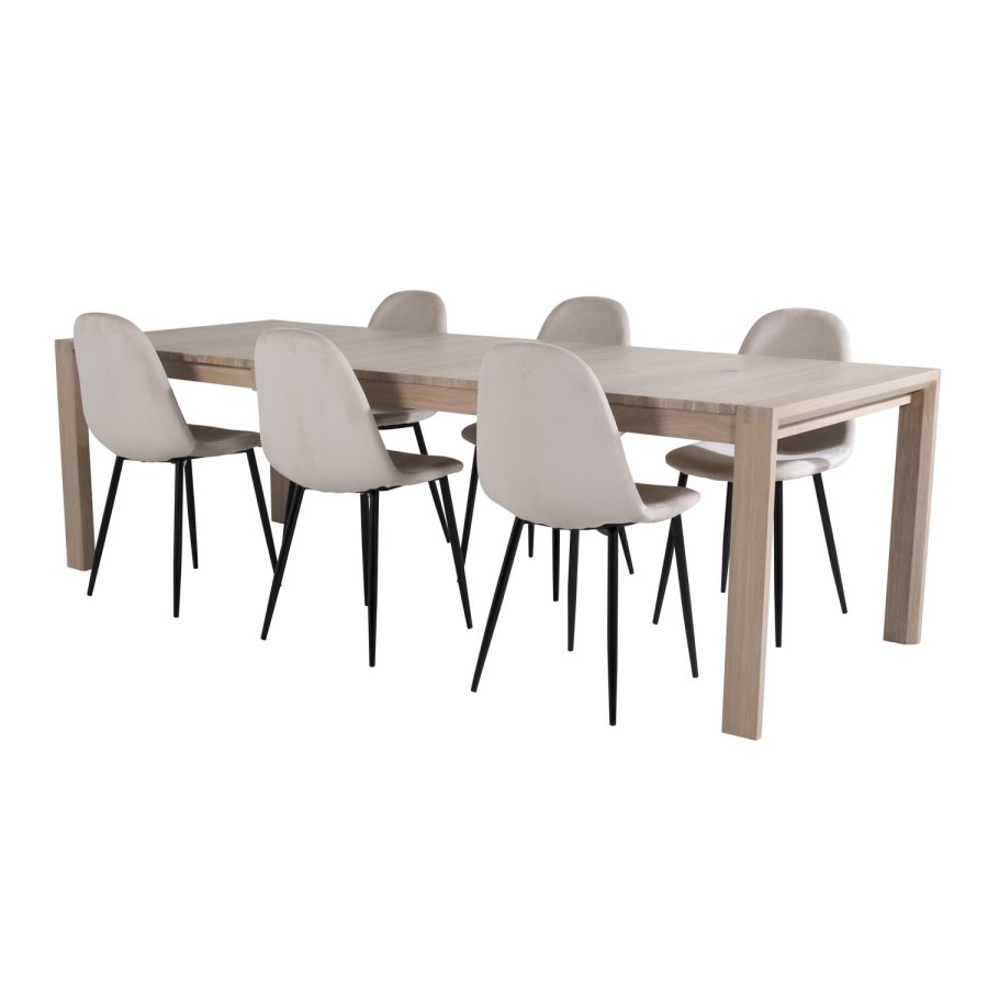 VENTURE DESIGN Slider spisebordsst, m. 6 stole - hvidvasket egefiner/eg og beige stof/sort metal