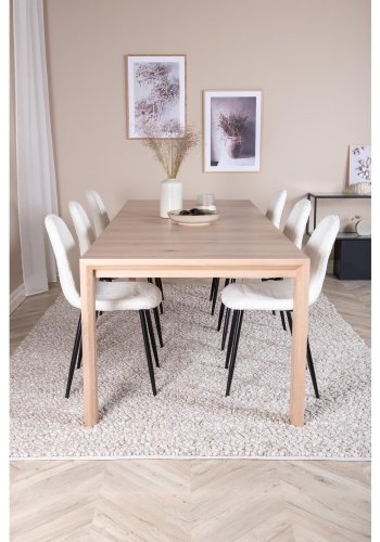 VENTURE DESIGN Slider spisebordsst, m. 6 stole - hvidvasket egefiner/eg og hvid teddy/sort metal