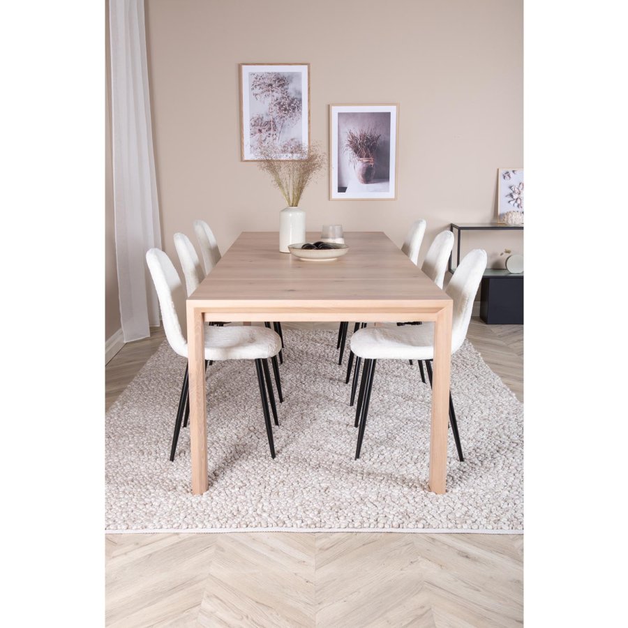 VENTURE DESIGN Slider spisebordsst, m. 6 stole - hvidvasket egefiner/eg og hvid teddy/sort metal