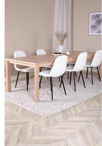 VENTURE DESIGN Slider spisebordsst, m. 6 stole - hvidvasket egefiner/eg og hvid teddy/sort metal