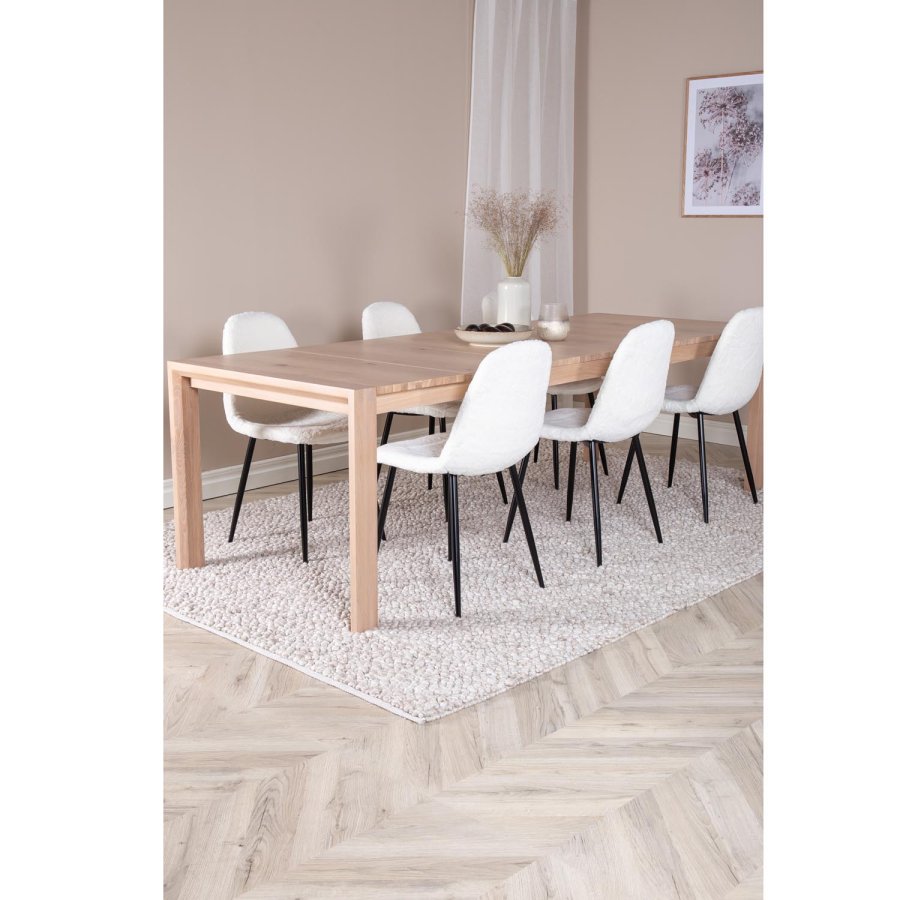 VENTURE DESIGN Slider spisebordsst, m. 6 stole - hvidvasket egefiner/eg og hvid teddy/sort metal