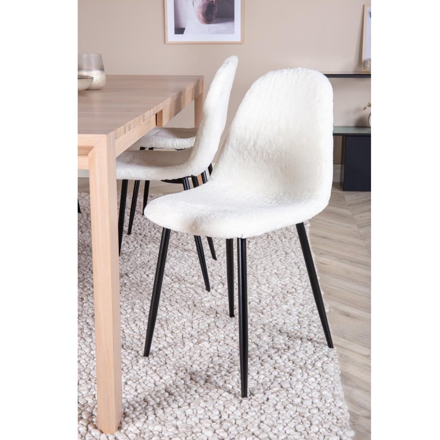 VENTURE DESIGN Slider spisebordsst, m. 6 stole - hvidvasket egefiner/eg og hvid teddy/sort metal