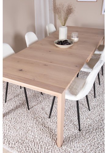 VENTURE DESIGN Slider spisebordsst, m. 6 stole - hvidvasket egefiner/eg og hvid teddy/sort metal