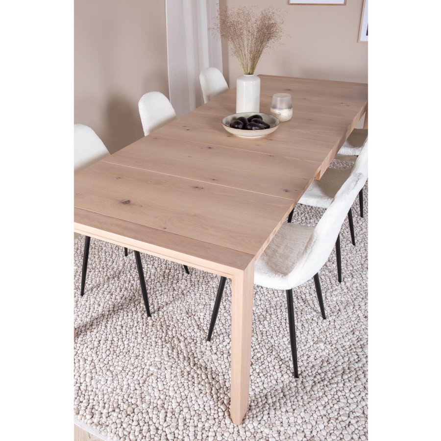 VENTURE DESIGN Slider spisebordsst, m. 6 stole - hvidvasket egefiner/eg og hvid teddy/sort metal