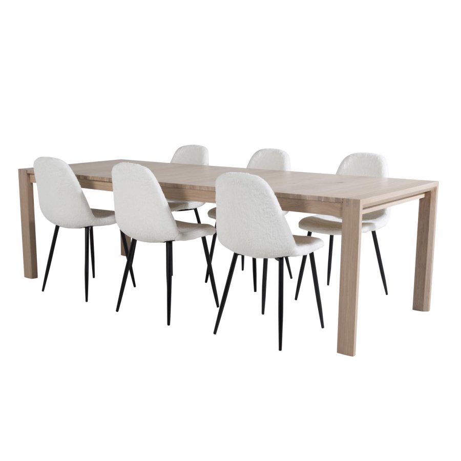 VENTURE DESIGN Slider spisebordsst, m. 6 stole - hvidvasket egefiner/eg og hvid teddy/sort metal