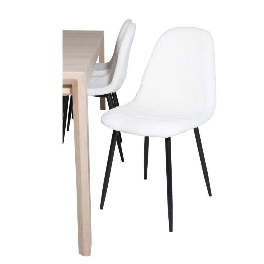 VENTURE DESIGN Slider spisebordsst, m. 6 stole - hvidvasket egefiner/eg og hvid teddy/sort metal