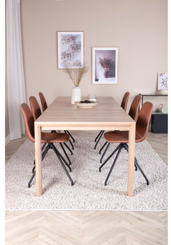 VENTURE DESIGN Slider spisebordsst, m. 6 stole - hvidvasket egefiner/eg og brun PU/sort metal