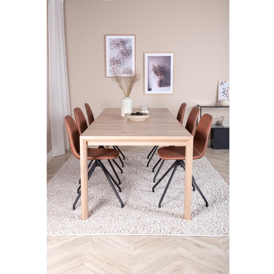 VENTURE DESIGN Slider spisebordsst, m. 6 stole - hvidvasket egefiner/eg og brun PU/sort metal