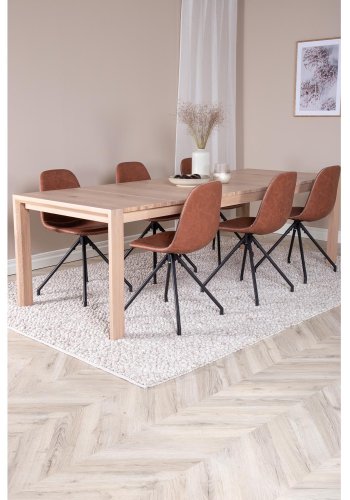 VENTURE DESIGN Slider spisebordsst, m. 6 stole - hvidvasket egefiner/eg og brun PU/sort metal