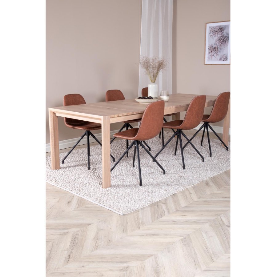 VENTURE DESIGN Slider spisebordsst, m. 6 stole - hvidvasket egefiner/eg og brun PU/sort metal