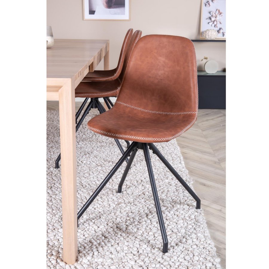 VENTURE DESIGN Slider spisebordsst, m. 6 stole - hvidvasket egefiner/eg og brun PU/sort metal