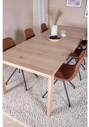 VENTURE DESIGN Slider spisebordsst, m. 6 stole - hvidvasket egefiner/eg og brun PU/sort metal