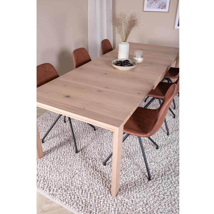 VENTURE DESIGN Slider spisebordsst, m. 6 stole - hvidvasket egefiner/eg og brun PU/sort metal