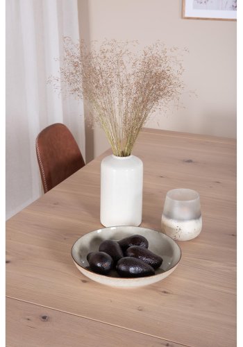 VENTURE DESIGN Slider spisebordsst, m. 6 stole - hvidvasket egefiner/eg og brun PU/sort metal