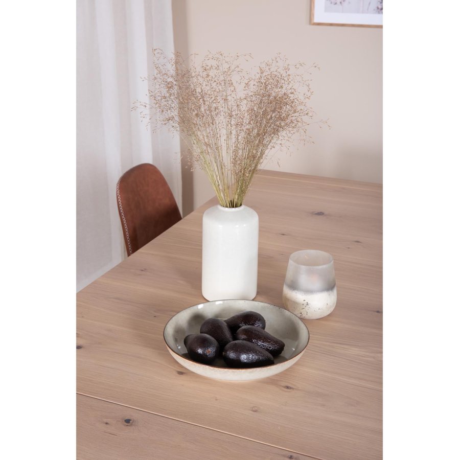 VENTURE DESIGN Slider spisebordsst, m. 6 stole - hvidvasket egefiner/eg og brun PU/sort metal