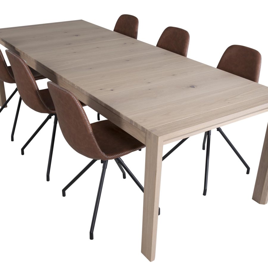 VENTURE DESIGN Slider spisebordsst, m. 6 stole - hvidvasket egefiner/eg og brun PU/sort metal