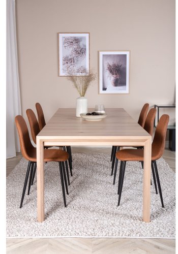 VENTURE DESIGN Slider spisebordsst, m. 6 stole - hvidvasket egefiner/eg og brun PU/sort metal