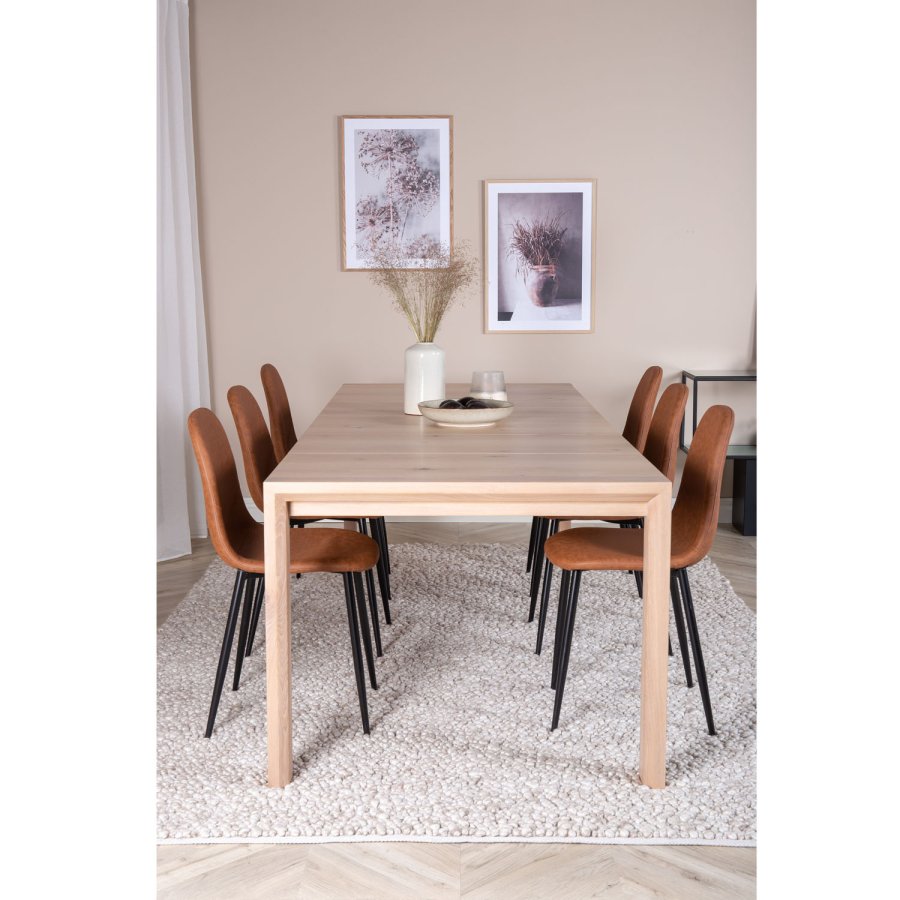 VENTURE DESIGN Slider spisebordsst, m. 6 stole - hvidvasket egefiner/eg og brun PU/sort metal