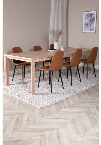 VENTURE DESIGN Slider spisebordsst, m. 6 stole - hvidvasket egefiner/eg og brun PU/sort metal