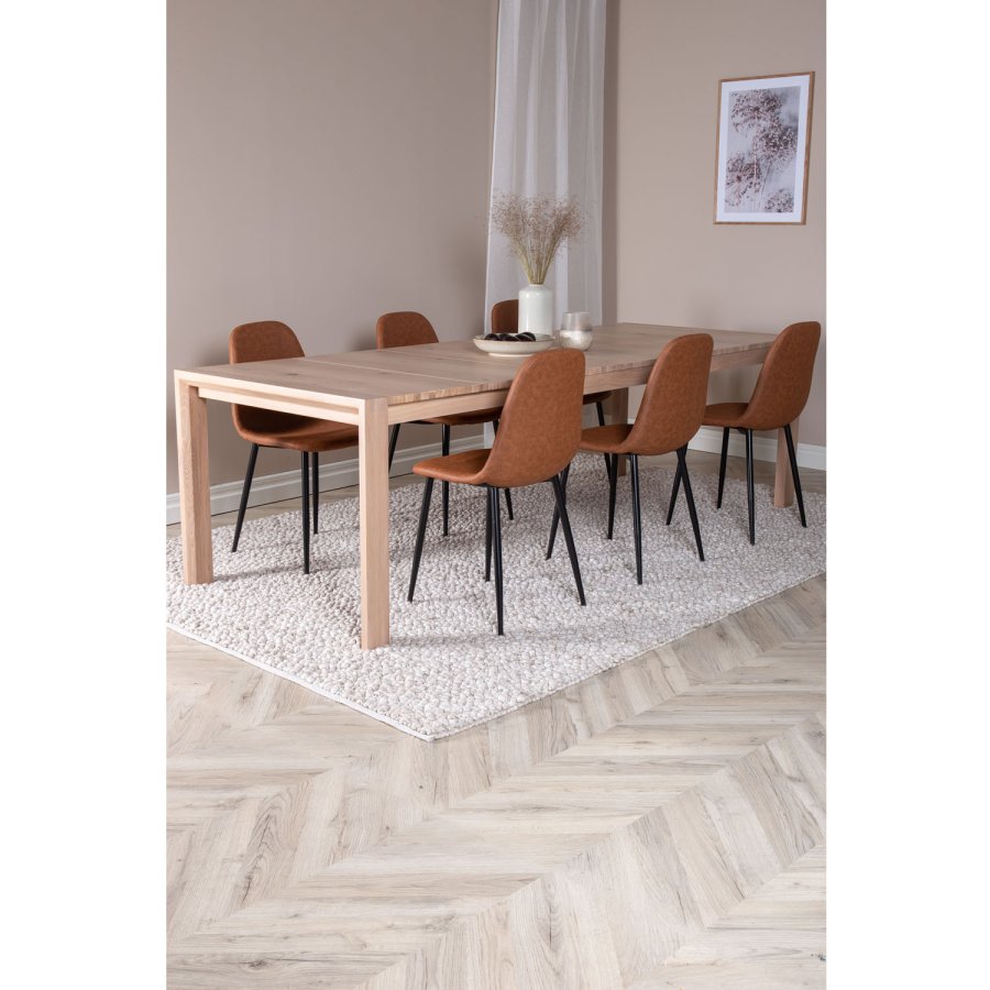 VENTURE DESIGN Slider spisebordsst, m. 6 stole - hvidvasket egefiner/eg og brun PU/sort metal
