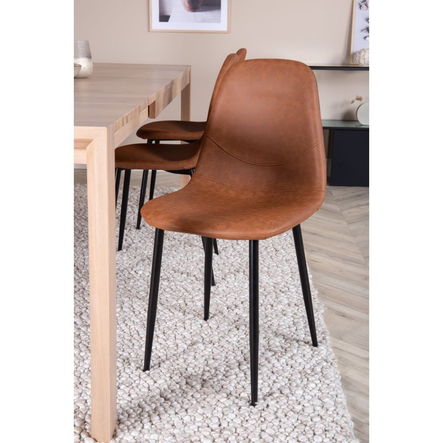 VENTURE DESIGN Slider spisebordsst, m. 6 stole - hvidvasket egefiner/eg og brun PU/sort metal