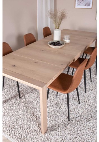 VENTURE DESIGN Slider spisebordsst, m. 6 stole - hvidvasket egefiner/eg og brun PU/sort metal