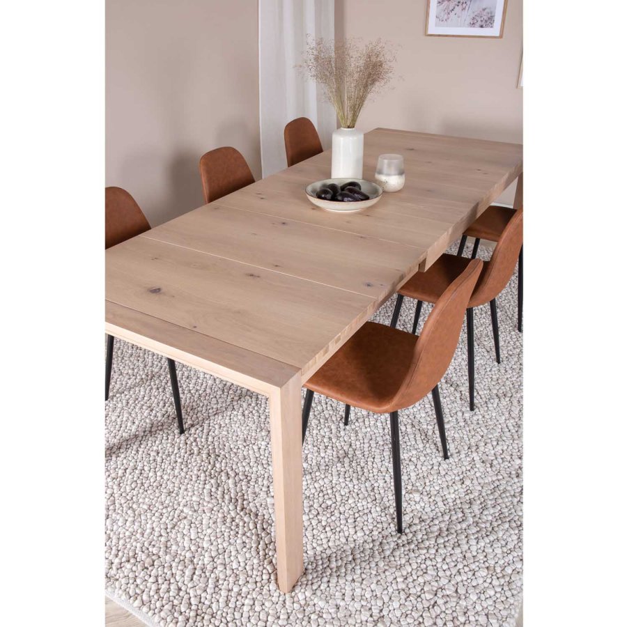 VENTURE DESIGN Slider spisebordsst, m. 6 stole - hvidvasket egefiner/eg og brun PU/sort metal