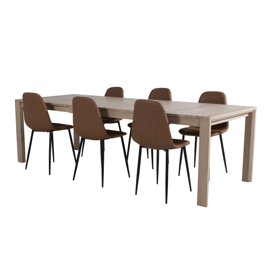 VENTURE DESIGN Slider spisebordsst, m. 6 stole - hvidvasket egefiner/eg og brun PU/sort metal