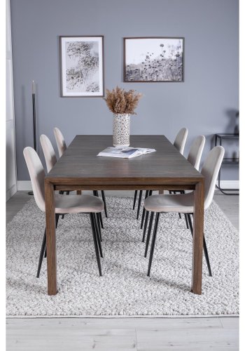 VENTURE DESIGN Slider spisebordsst, m. 6 stole - smoked egefiner/eg og beige stof/sort metal