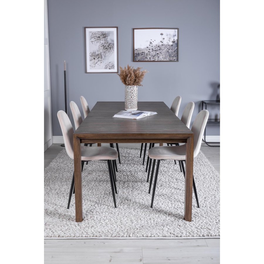VENTURE DESIGN Slider spisebordsst, m. 6 stole - smoked egefiner/eg og beige stof/sort metal