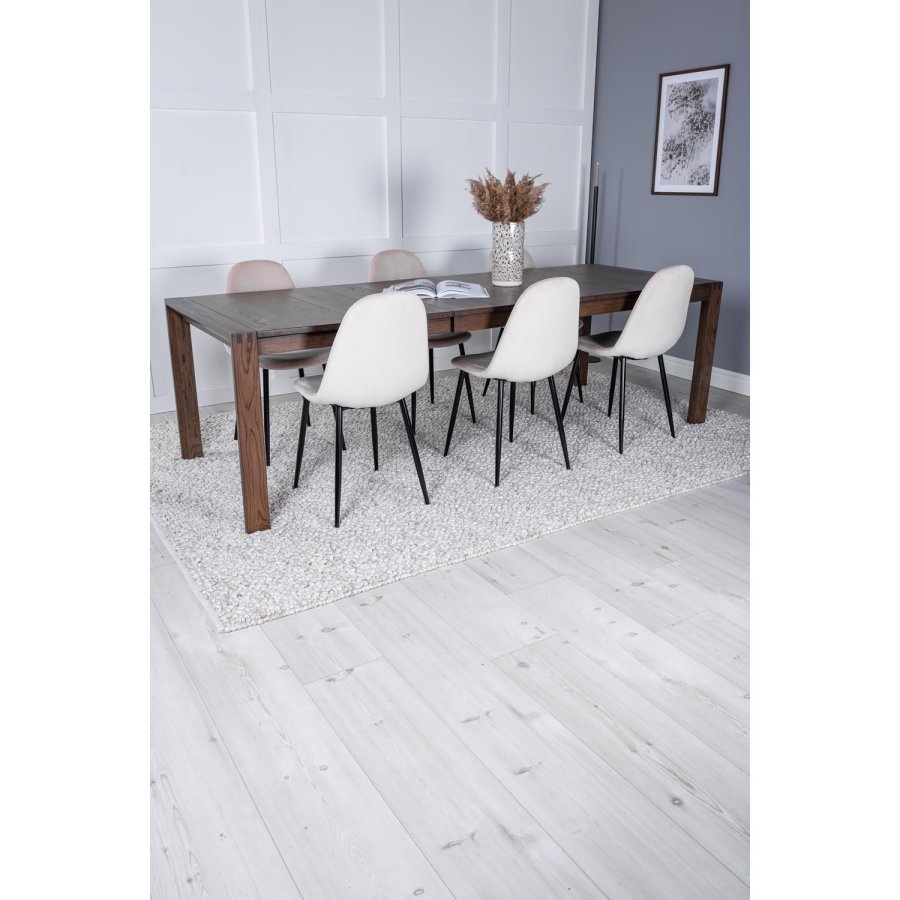 VENTURE DESIGN Slider spisebordsst, m. 6 stole - smoked egefiner/eg og beige stof/sort metal