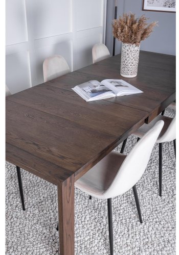 VENTURE DESIGN Slider spisebordsst, m. 6 stole - smoked egefiner/eg og beige stof/sort metal