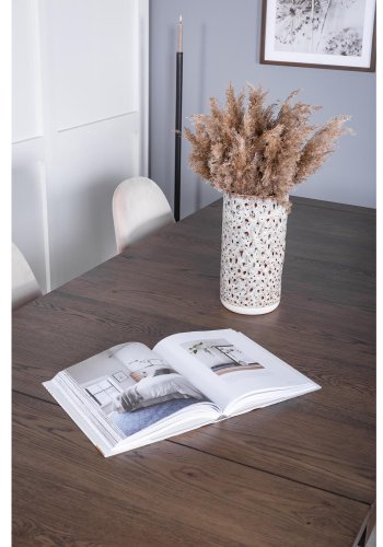 VENTURE DESIGN Slider spisebordsst, m. 6 stole - smoked egefiner/eg og beige stof/sort metal