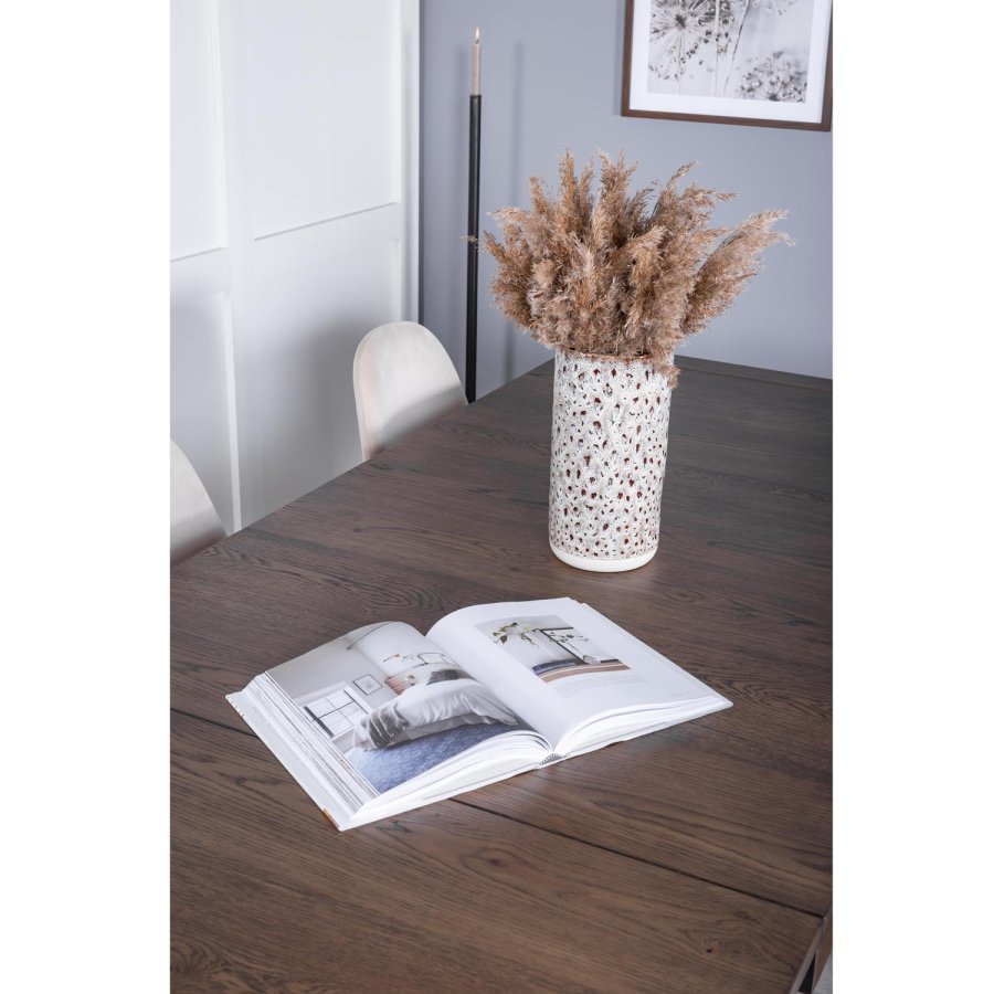 VENTURE DESIGN Slider spisebordsst, m. 6 stole - smoked egefiner/eg og beige stof/sort metal