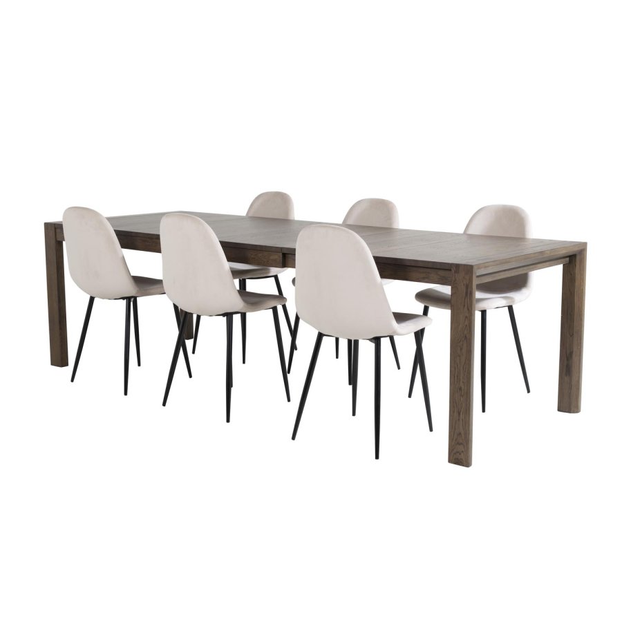 VENTURE DESIGN Slider spisebordsst, m. 6 stole - smoked egefiner/eg og beige stof/sort metal