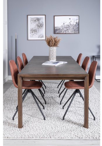 VENTURE DESIGN Slider spisebordsst, m. 6 stole - smoked egefiner/eg og brun PU/sort metal