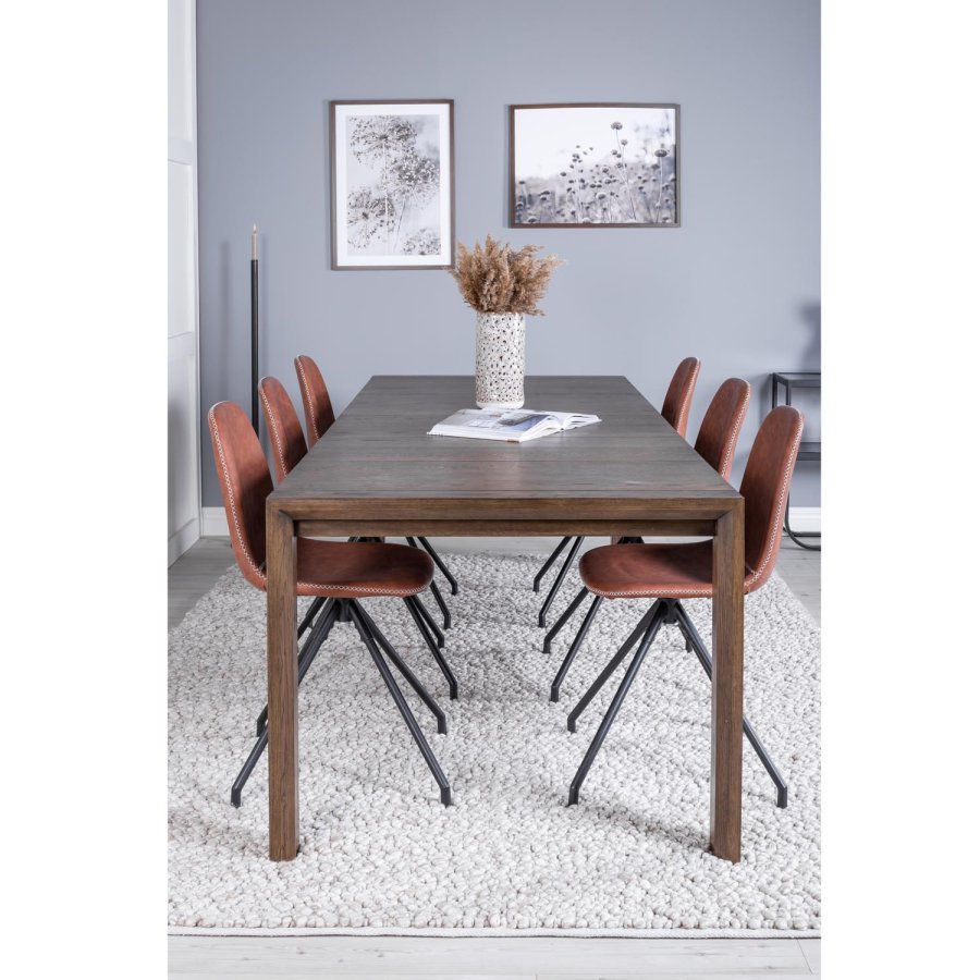 VENTURE DESIGN Slider spisebordsst, m. 6 stole - smoked egefiner/eg og brun PU/sort metal