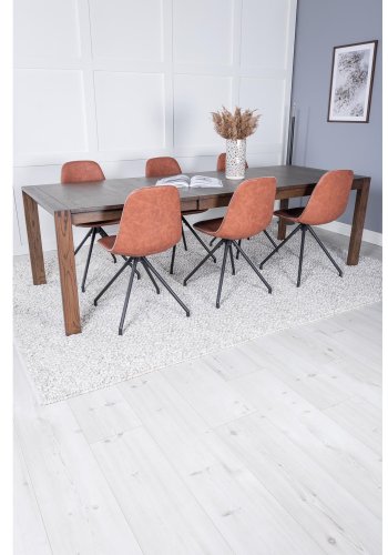 VENTURE DESIGN Slider spisebordsst, m. 6 stole - smoked egefiner/eg og brun PU/sort metal
