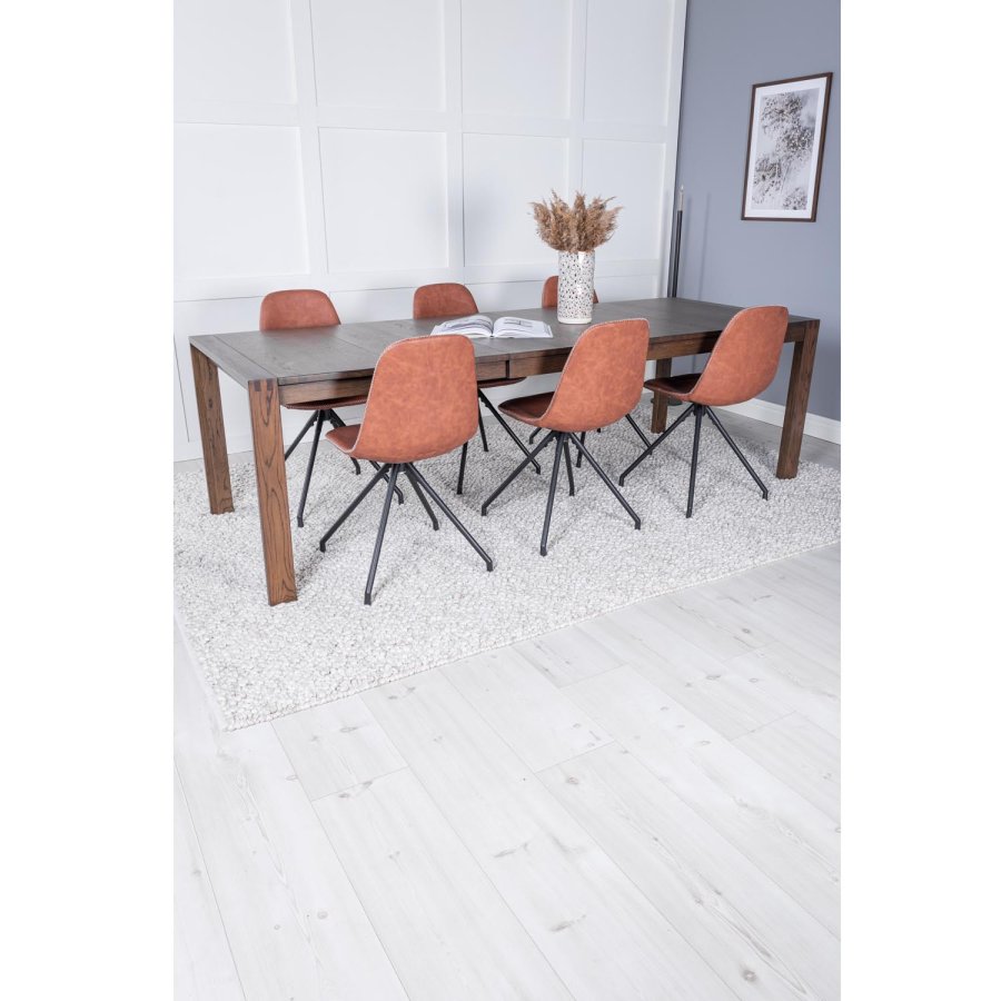 VENTURE DESIGN Slider spisebordsst, m. 6 stole - smoked egefiner/eg og brun PU/sort metal