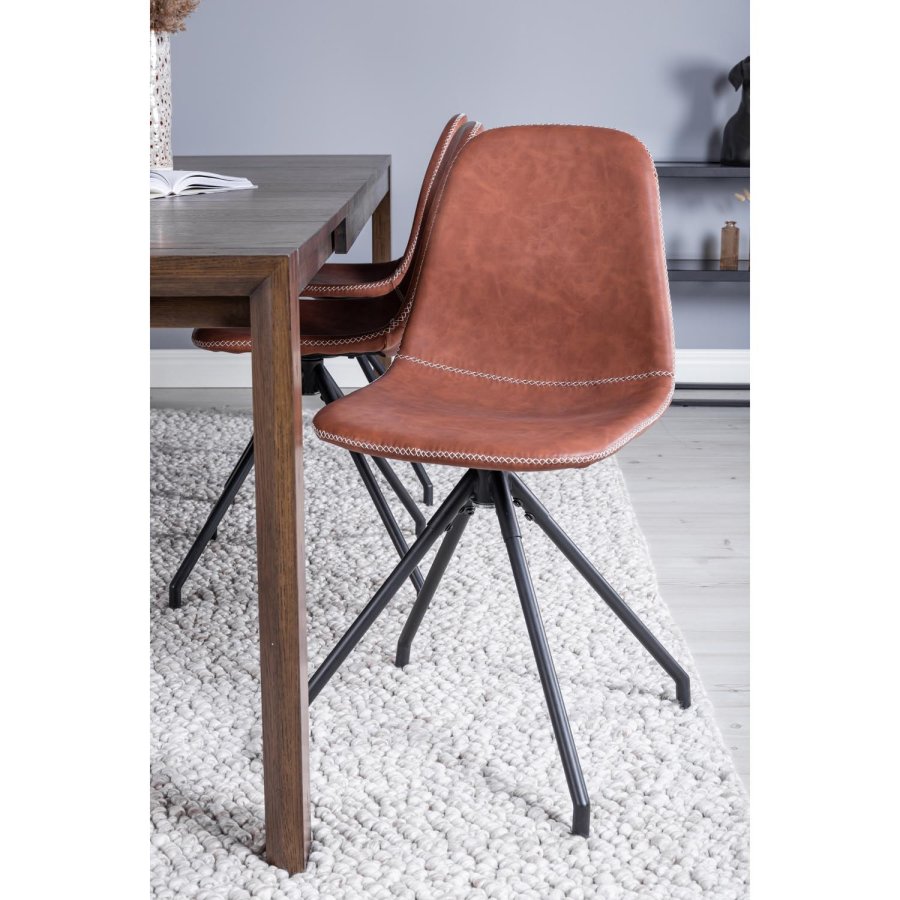 VENTURE DESIGN Slider spisebordsst, m. 6 stole - smoked egefiner/eg og brun PU/sort metal